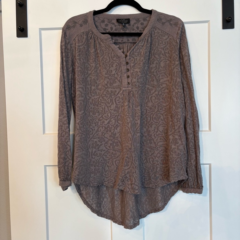 Lucky Brand Grey paisley knit high low boho embroidered long sleeve tunic top